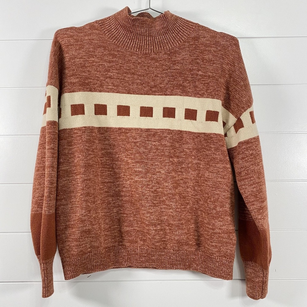 Roolee Sweater Womens XL Rust Brown‎ Mock Neck Geometric Stripe Pullover Knit